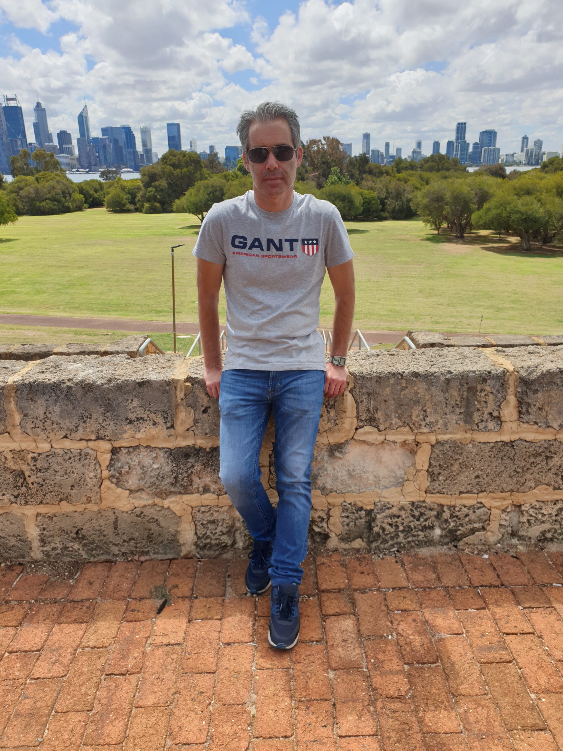 Whole body front, river and city background